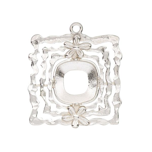 Drop, JBB Findings, sterling silver, 28x27mm single-sided uneven square with flower and 12mm 4-prong cushion setting. Sold individually. image number 0