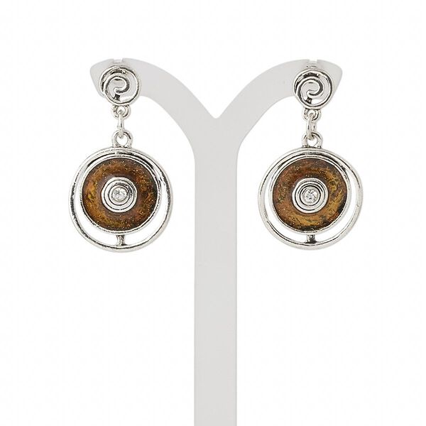 Earring, enamel / glass rhinestone / antique silver-plated steel / "pewter" (zinc-based alloy), brown and clear, 38mm with flat round and fancy ring with post. Sold per pair. image number 0