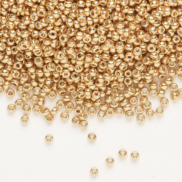 Seed bead, Miyuki, glass, pkg/25g, #11 rocaille, opaque galvanized yellow gold, (RR-1053). image number 0