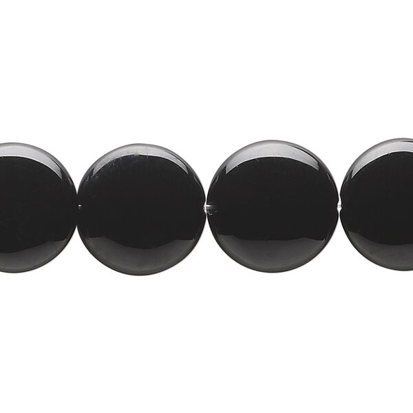 Bead, black onyx (dyed), 14mm flat round, B grade, Mohs hardness 6-1/2 to 7. Sold per 15-1/2" to 16" strand. image number 0