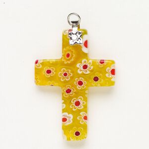 Focal 1pkg1 silver-finished steel and millefiori glass, translucent and transparent multicolored, 33x23mm-35x24mm cross.