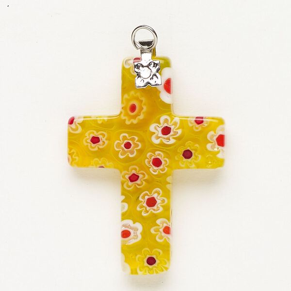 Focal 1pkg1 silver-finished steel and millefiori glass, translucent and transparent multicolored, 33x23mm-35x24mm cross. image number 0