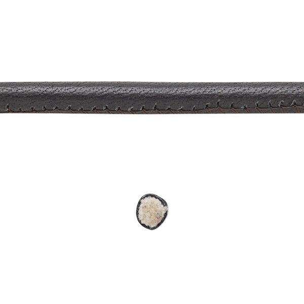 Cord, leather and cotton (dyed), black, 4mm zigzag-stitched round. Sold per 1-yard section. image number 0
