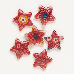Bead, millefiori glass, translucent red and multicolored, 23x21mm half-drilled puffed star. Sold per pkg of 6.