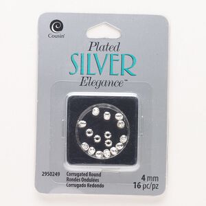 Bead, "pewter" (zinc-based alloy), pkg/16, 4mm corrugated round, silver finish.