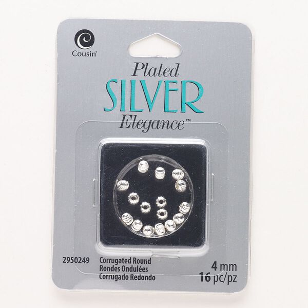 Bead, "pewter" (zinc-based alloy), pkg/16, 4mm corrugated round, silver finish. image number 0
