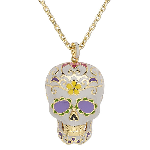 Necklace, gold-plated brass / enamel / glass rhinestone, grey and multicolored, 34x26mm Dia de Los Muertos skull with flower and swirl design, 24 inches with 2-inch extender chain and lobster claw clasp. Sold individually. image number 0