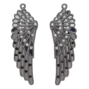 Focal, glass rhinestone and gunmetal-finished "pewter" (zinc-based alloy), clear and black, 62x21mm left- and right-facing wing. Sold per pkg of 2.