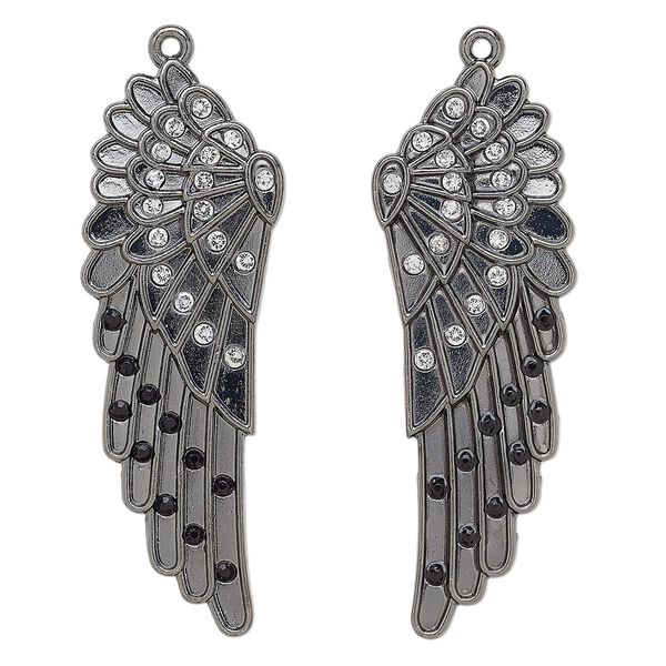 Focal, glass rhinestone and gunmetal-finished "pewter" (zinc-based alloy), clear and black, 62x21mm left- and right-facing wing. Sold per pkg of 2. image number 0