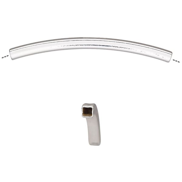 Bead, silver-finished brass, 45x3mm curved square tube. Sold per pkg of 6. image number 0