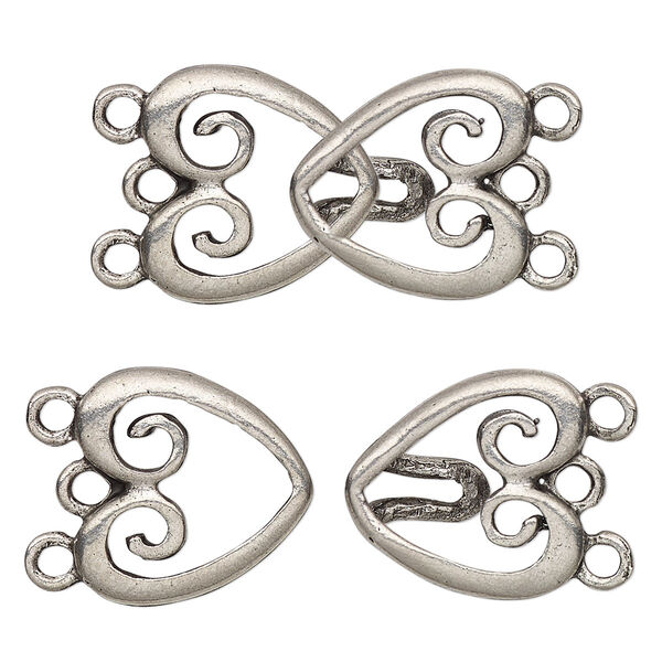 Clasp, 3-strand hook, antiqued pewter (tin-based alloy), 30x16mm double heart. Sold individually. image number 0