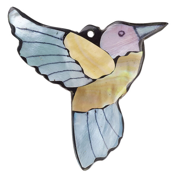 Focal, multi-shell (assembled) and resin, multicolored, 54x49mm-55x45mm single-sided flat hummingbird. Sold individually. image number 0