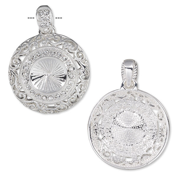 Pendant, Almost Instant Jewelry®, crystals and silver-plated "pewter" (zinc-based alloy), crystal clear, 32mm round with swirl cutout design and 14mm rivoli setting. Sold individually. image number 0
