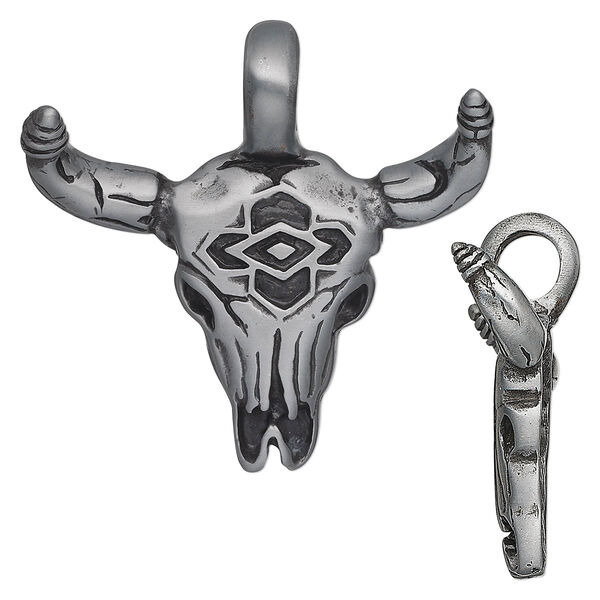 Pendant, "pewter" (zinc-based alloy), 41x41mm bull skull. Sold individually. image number 0