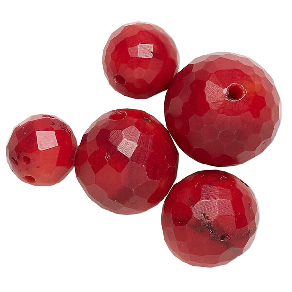 Bead mix, bamboo coral (dyed), dark red, 11-18mm faceted round, B- grade, Mohs hardness 3-1/2 to 4. Sold per pkg of 5. image number 0