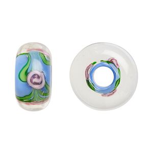 Bead, lampworked glass, opaque medium blue and multicolored, 20x10mm rondelle with rose. Sold per pkg of 2.