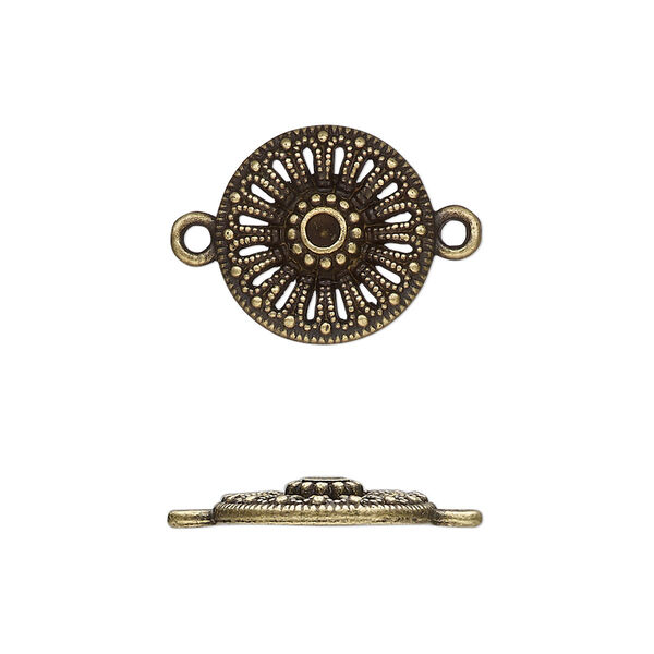Link, antique brass-finished "pewter" (zinc-based alloy), 15mm single-sided round with cutout flower and beaded design. Sold per pkg of 20. image number 0