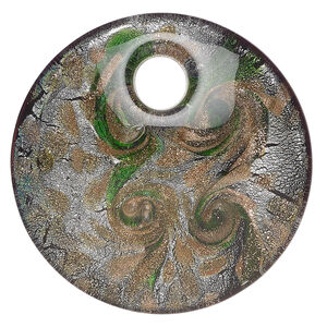 Focal, lampworked glass 1pkg1, opaque green / clear / black with copper-colored glitter and silver-colored foil, 50mm top-drilled domed round.