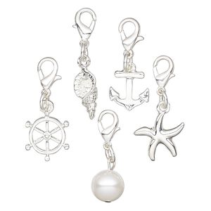 Charm and drop, Charmed, glass and silver-finished "pewter" (zinc-based alloy), white, 10mm-15x14mm assorted nautical theme with 6mm jump ring and lobster claw clasp. Sold per 5-piece set.