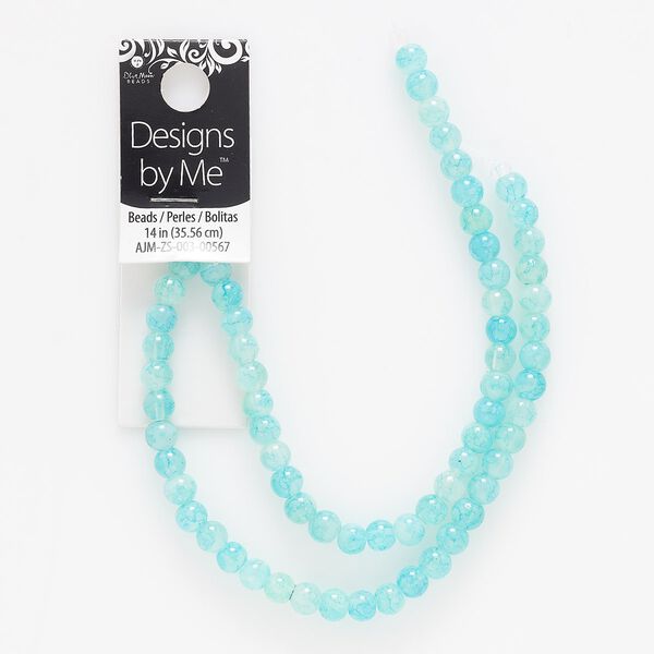 Bead, coated marbled glass, translucent aqua blue, 5-6mm round. Sold per 14-inch strand. image number 0