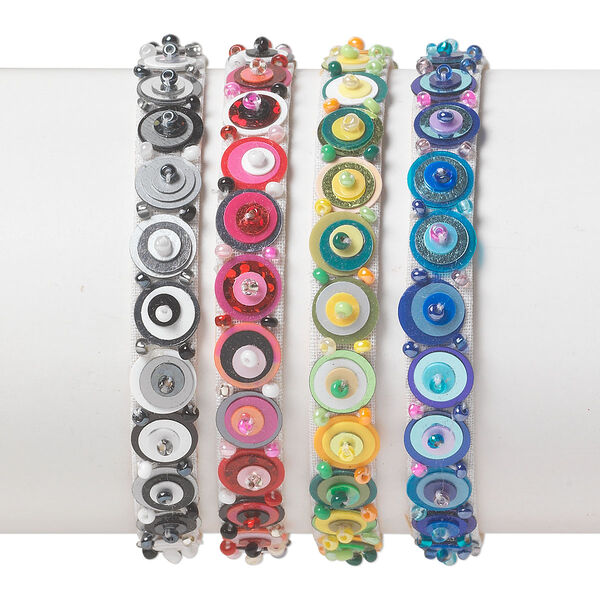 Bracelet assortment, Just for Fun, velveteen, pkg/4, 7 inch wearable size, tan, blue, black, white, silver, green, yellow, or. image number 0