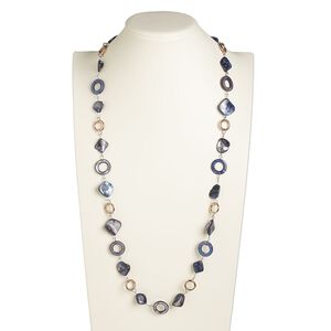 Necklace, freshwater pearl shell (dyed) and copper-plated steel, grey and black, medium nugget / 19mm round donut / 30mm round donut, 36-inch continuous loop. Sold individually.