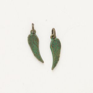 Charm, brass, pkg/2, antique silver finish green patina, 17x5mm double-sided wing.