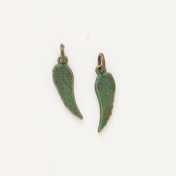Charm, brass, pkg/2, antique silver finish green patina, 17x5mm double-sided wing. image number 0