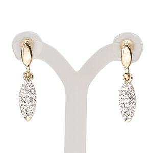 Earring, glass rhinestone / stainless steel / gold-finished "pewter" (zinc-based alloy), clear, 30mm with marquise and post. Sold per pair.