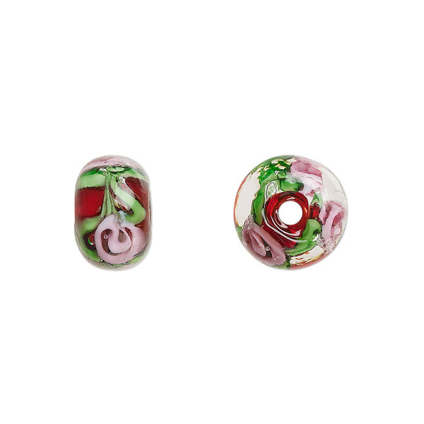 Bead, lampworked glass, opaque red and multicolored, 12x8mm rondelle with rose. Sold per pkg of 4. image number 0