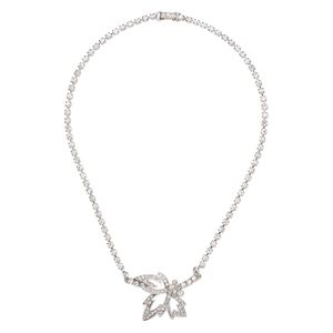 Necklace, silver-finished brass and glass, clear, 44x29mm leaf with cupchain and fold-over clasp, 15 inches. Sold individually.