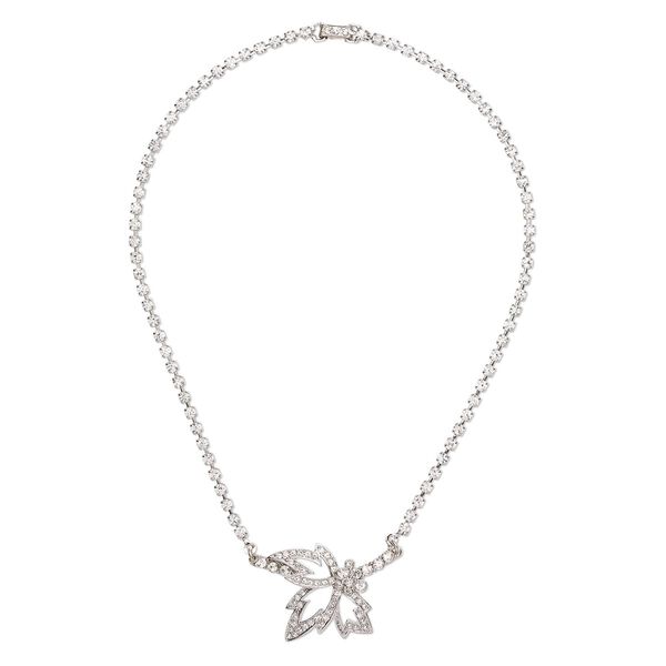 Necklace, silver-finished brass and glass, clear, 44x29mm leaf with cupchain and fold-over clasp, 15 inches. Sold individually. image number 0