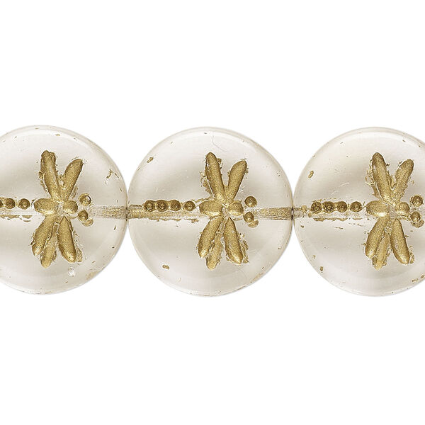 Bead, Preciosa, Czech pressed glass, clear, 17mm flat round with gold-painted dragonfly. Sold per pkg of 12. image number 0