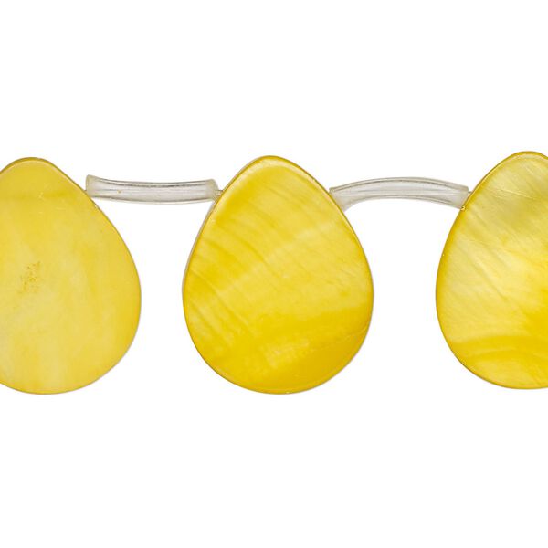 Bead, mother-of-pearl shell (dyed), golden yellow, 19x6mm-20x13mm top-drilled flat teardrop, Mohs hardness 3-1/2. Sold per 14-inch strand, approximately 20 beads. image number 0