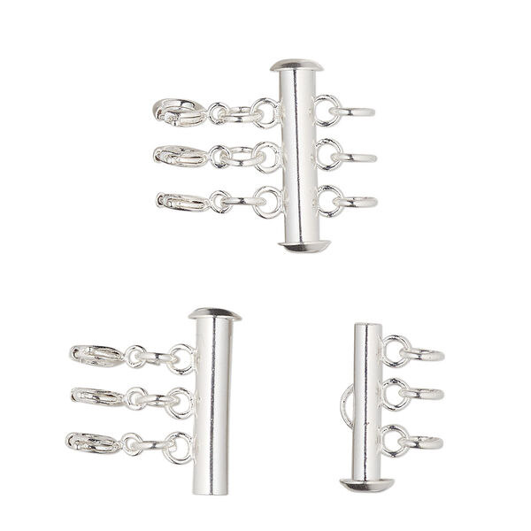 Clasp, 3-strand slide lock, silver-finished brass, 21x6mm round tube with 3 springring clasps and (3) 5mm open jump rings. Sold individually. image number 0
