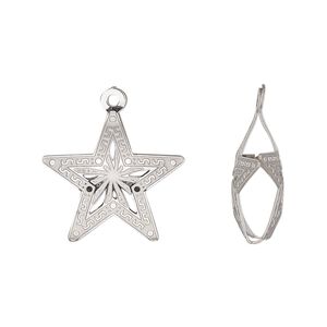 Charm, stainless steel, 19.5x18mm double-sided domed star with textured cut-out nautical star design. Sold per pkg of 6.