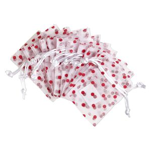 Pouch, flocked organza, white and red, 4x3 inches with dots pattern and drawstring closure. Sold per pkg of 12.