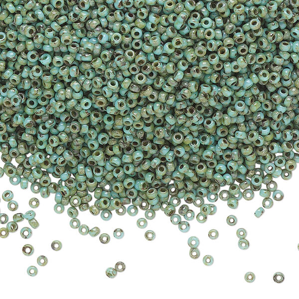 Seed bead, Miyuki, glass, pkg/35g, #15 rocaille, opaque Picasso turquoise blue, (RR-4514). image number 0