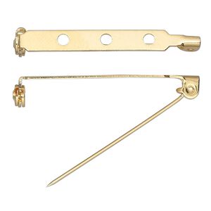 Pin back, gold-plated steel, 1-1/2 inches with locking bar. Sold per pkg of 100.