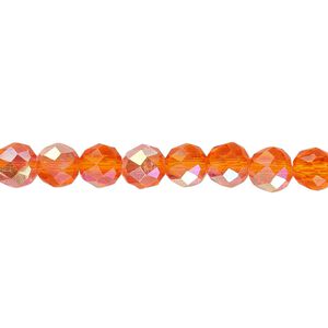 Bead, glass, 48-facet, translucent orange AB, 6mm faceted round. Sold per 15-1/2" to 16" strand.