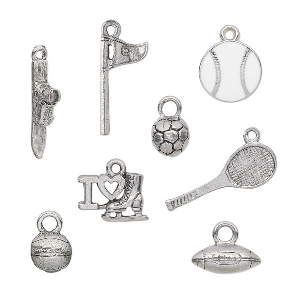 Charm, enamel and antiqued pewter (tin-based alloy), white, 12x2mm-24x14mm sports theme. Sold per 8-piece set. image number 0