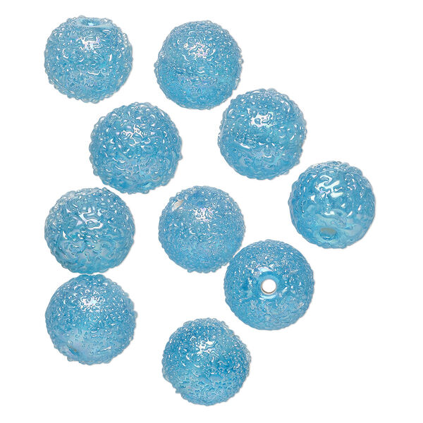Bead, lampworked glass, translucent sky blue AB, 12mm textured round. Sold per pkg of 10. image number 0