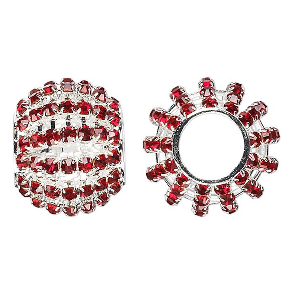 Bead, glass rhinestone and silver-finished brass, ruby red, 25x20mm barrel with 3mm chatons, 11.5mm hole. Sold individually. image number 0