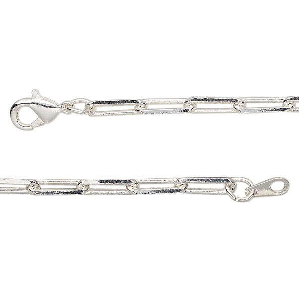 Chain, silver-plated brass, 3.3mm paperclip, 18 inches with lobster claw clasp. Sold individually. image number 0