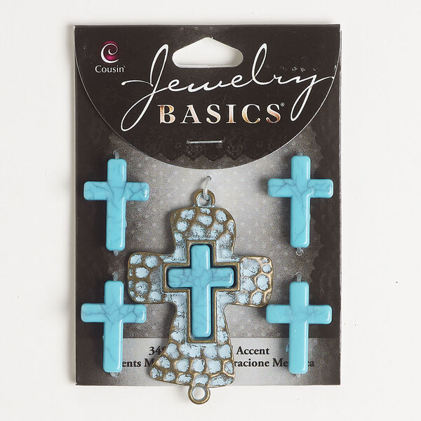 Bead and focal assortment 1pkg5, brass-finished "pewter" (zinc alloy) / resin, blue, 24x17mm cross and 47x38mm hammered cross with (2) loops. image number 0