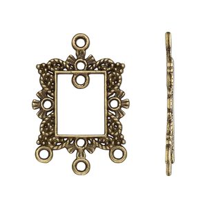 Drop, antique brass-finished "pewter" (zinc-based alloy), 23x21mm single-sided open rectangle frame with fancy beaded design and 4 closed loops. Sold per pkg of 10.
