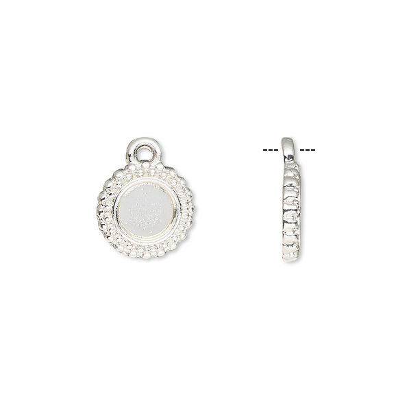 Drop, silver-finished brass, 10.5mm single-sided beaded round with 6mm round setting. Sold per pkg of 10. image number 0