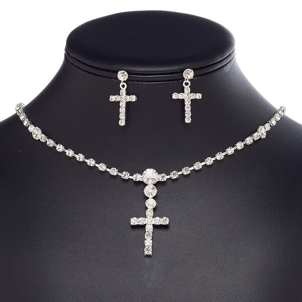 Necklace and earring set, glass rhinestone / plastic / imitation rhodium-plated brass / steel, clear, 1-3/4 inch dangle with cupchain and 24x20mm cross, 15" to 16" necklace with 3-inch extender chain and lobster claw clasp, 29mm earrings with post. Sold per set. image number 0