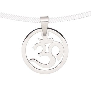 Pendant, stainless steel, 19mm matte and shiny round with Om symbol. Sold individually.