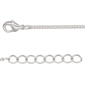 Chain, silver-plated brass, 1.5mm curb, 24 inches with 1-1/4 inch extender chain and lobster claw clasp. Sold per pkg of 2.
